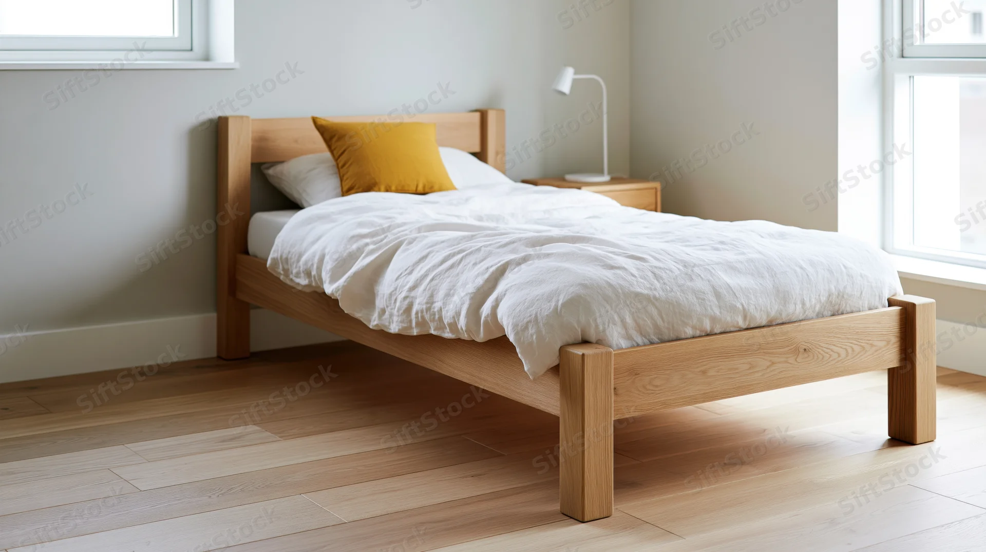 Light oak wood bed with white bedding in a minimalist bedroom with hardwood floor and windows
