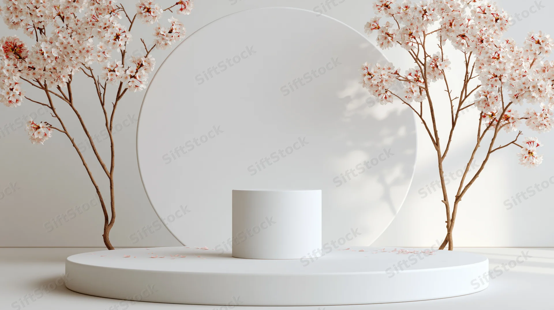 White minimalist podium with cherry blossom branches on either side in a clean studio setting
