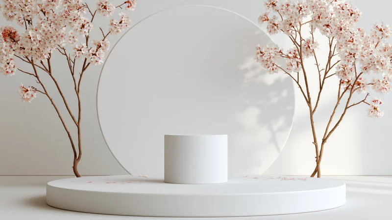 White product display podium in front of a circular backdrop