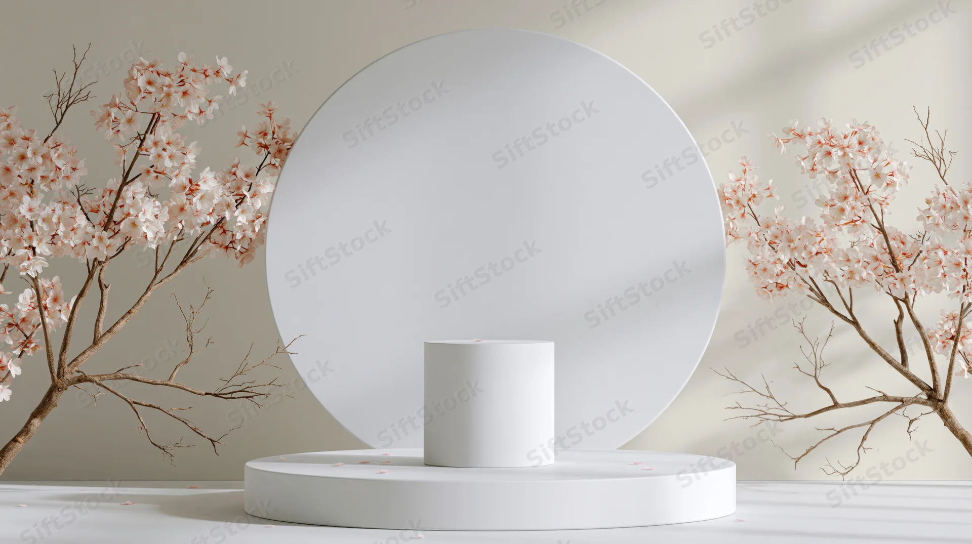 White circular podium with cherry blossom branches on either side in a minimalist studio setting