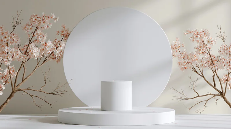 White circular podium with cherry blossom branches on either side in a minimalist studio setting