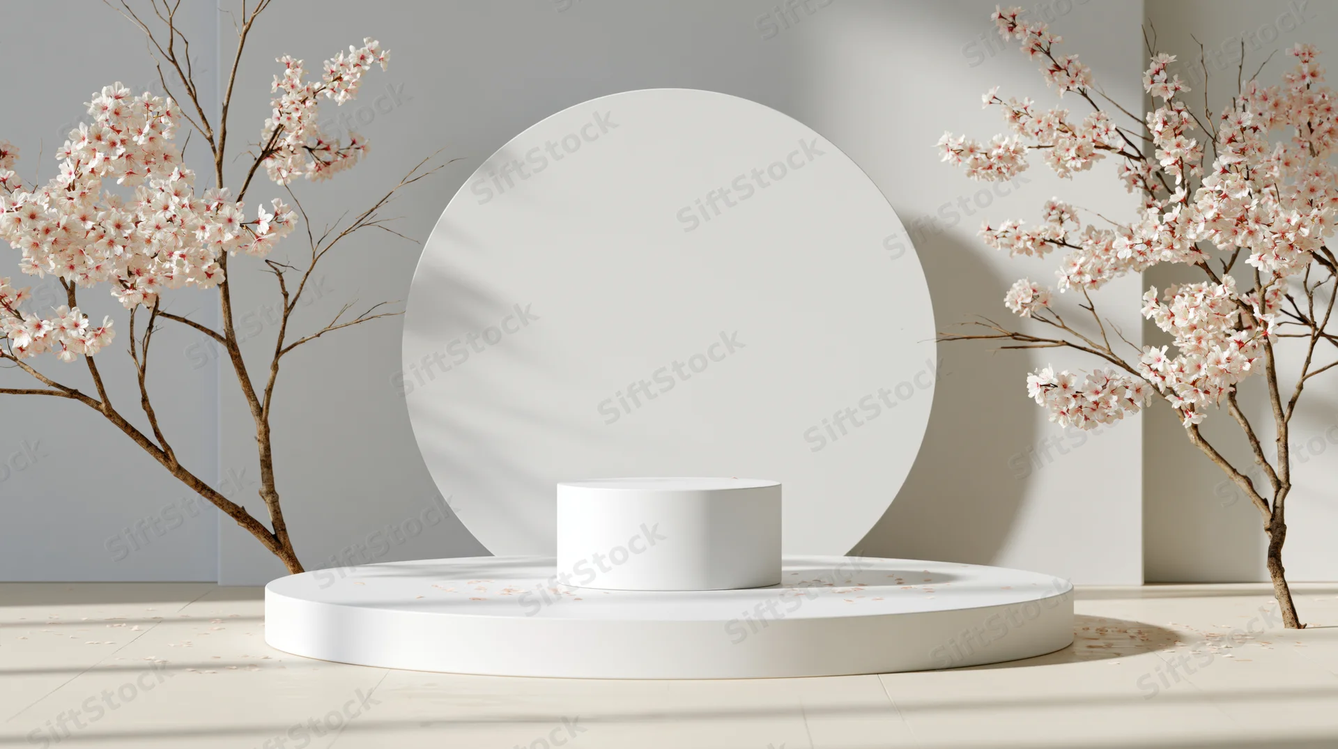 White circular podium with cherry blossom branches in a minimalist studio setting