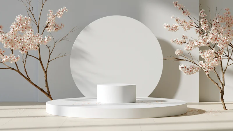 White circular podium with cherry blossom branches in a minimalist studio setting