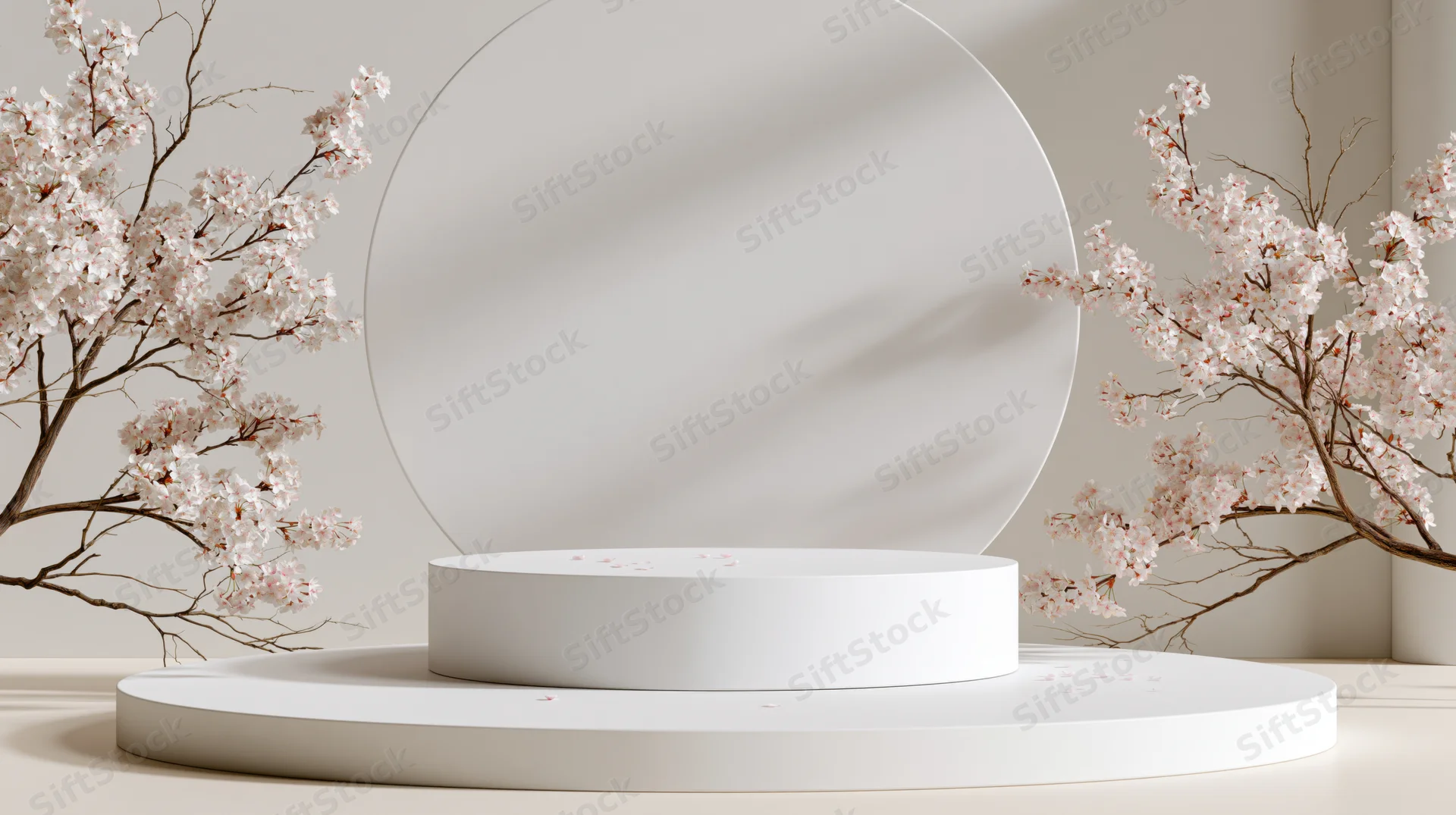 White circular podium with cherry blossoms arranged symmetrically in a minimalist studio setting