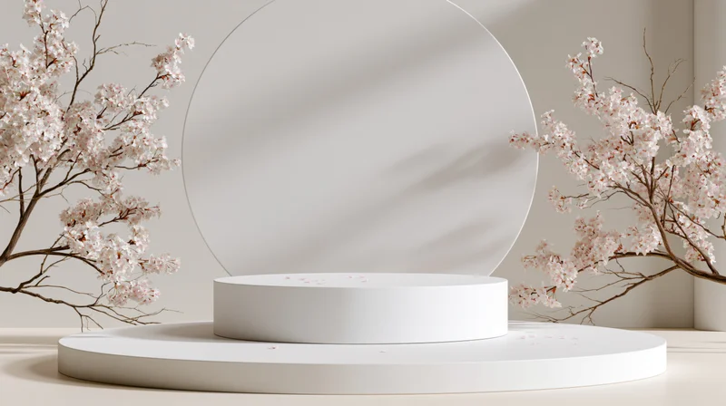 White circular podium with cherry blossoms arranged symmetrically in a minimalist studio setting