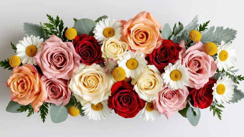 Horizontal bouquet of roses, daisies and greenery arranged on white background