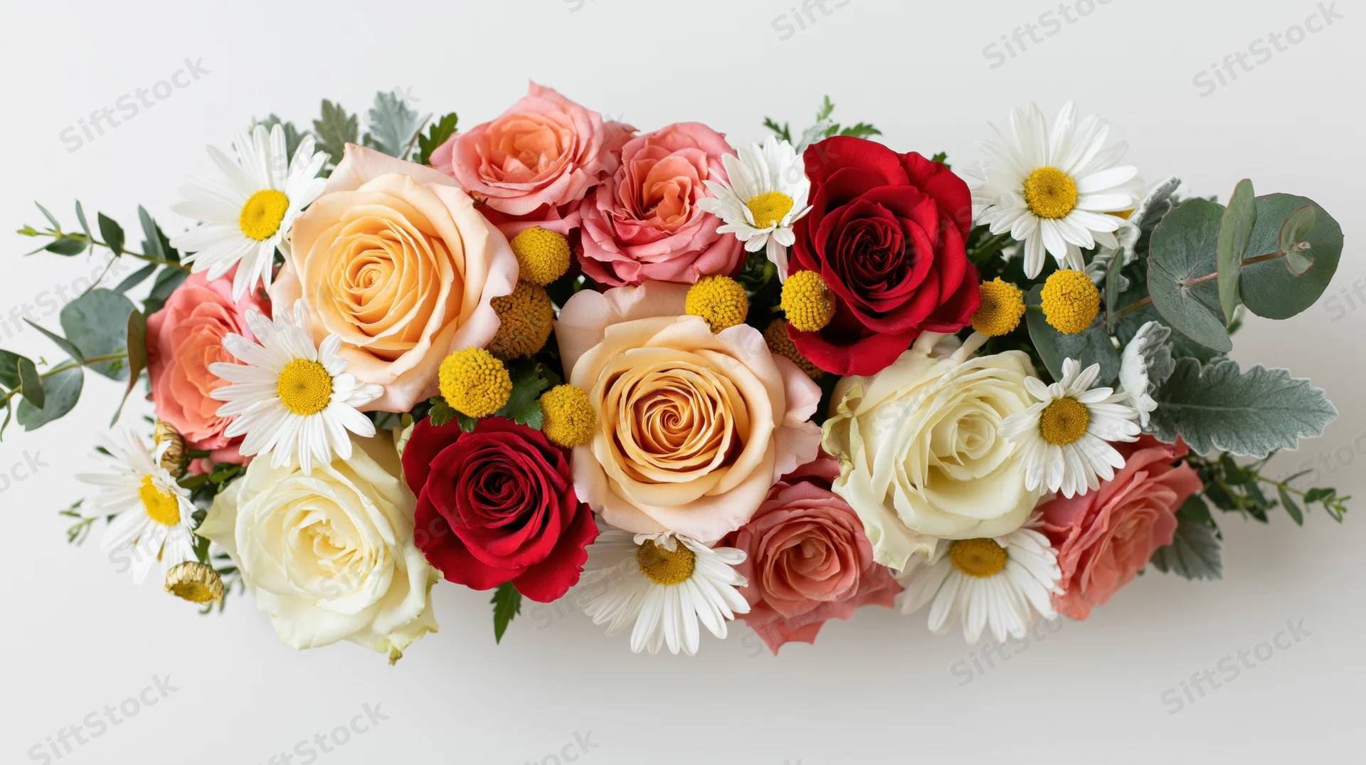Horizontal bouquet of roses, daisies and eucalyptus arranged on white background