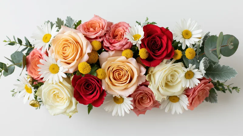 Mixed flower bouquet arranged horizontally featuring peach roses