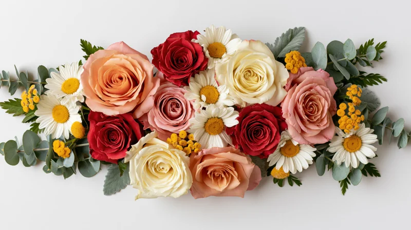 Horizontal floral arrangement of roses, daisies and eucalyptus on white background