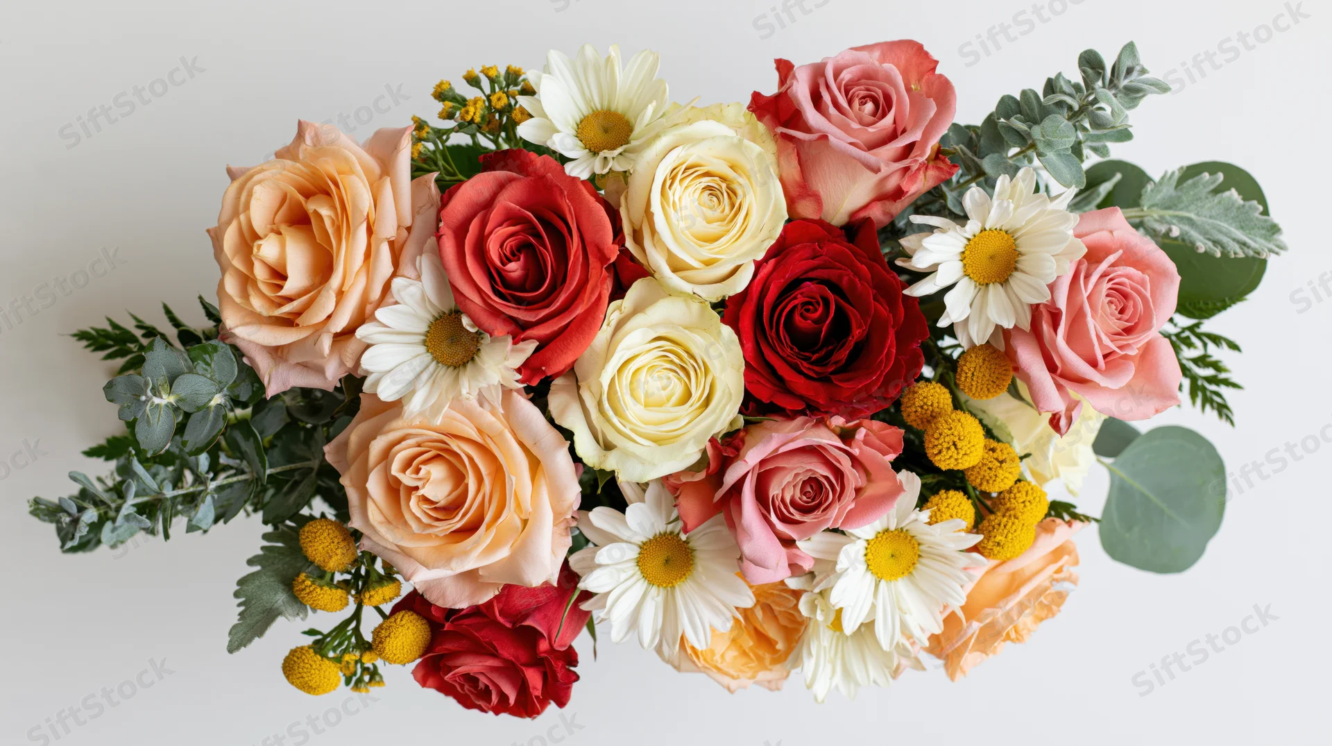 Horizontal bouquet of roses, daisies and eucalyptus arranged on white background