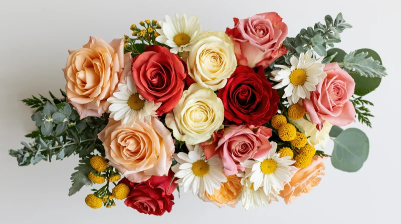 Horizontal bouquet of roses, daisies and eucalyptus arranged on white background