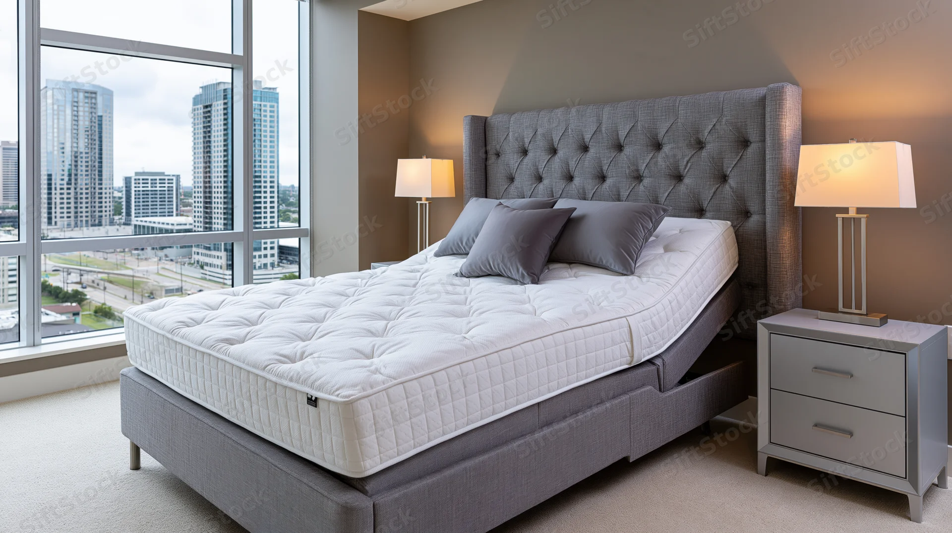 Adjustable bed with tufted headboard and city view in modern high-rise bedroom