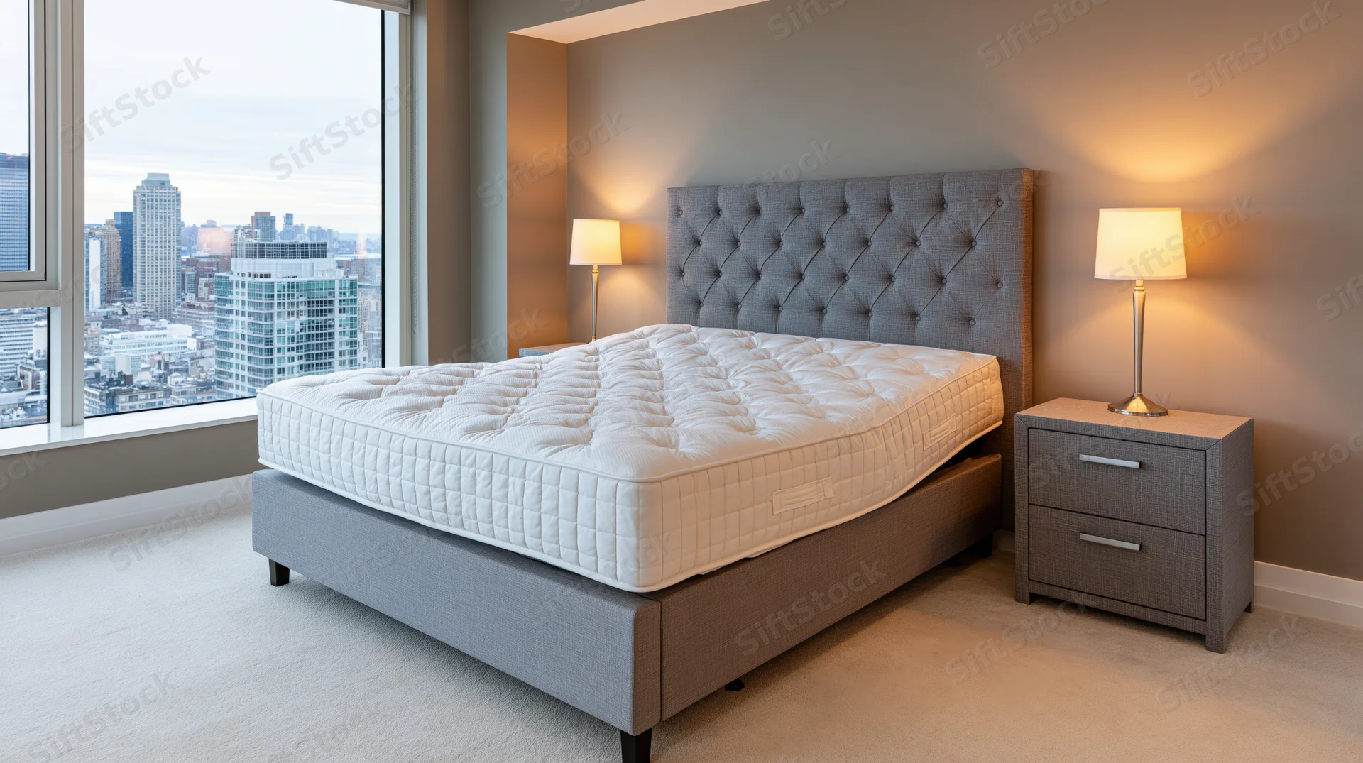 Adjustable bed with tufted headboard and nightstand in modern high-rise bedroom overlooking city skyline