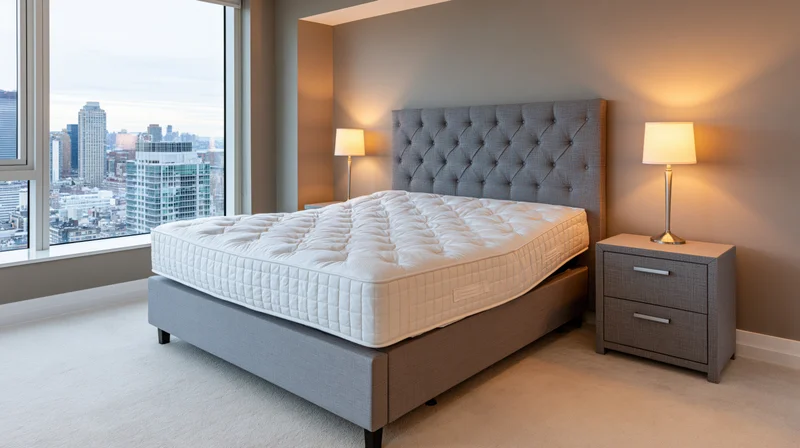 Adjustable bed with tufted headboard and nightstand in modern high-rise bedroom overlooking city skyline