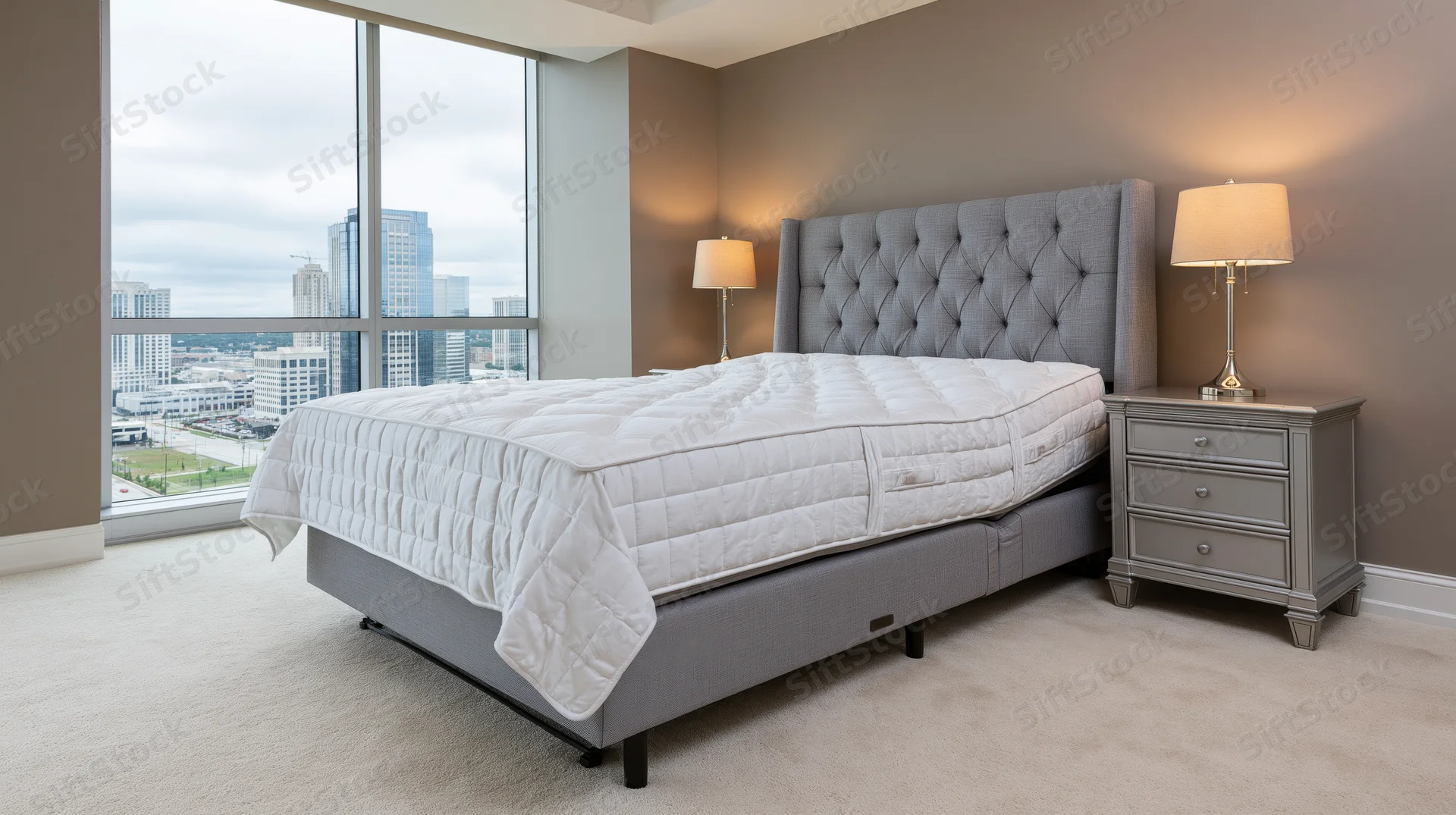Adjustable bed with tufted headboard and nightstand in modern high-rise bedroom overlooking cityscape