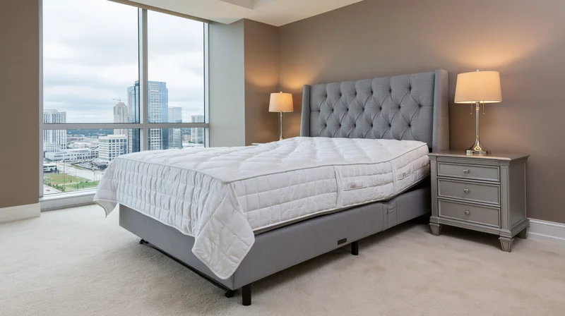 Adjustable bed with tufted headboard and nightstand in modern high-rise bedroom overlooking cityscape