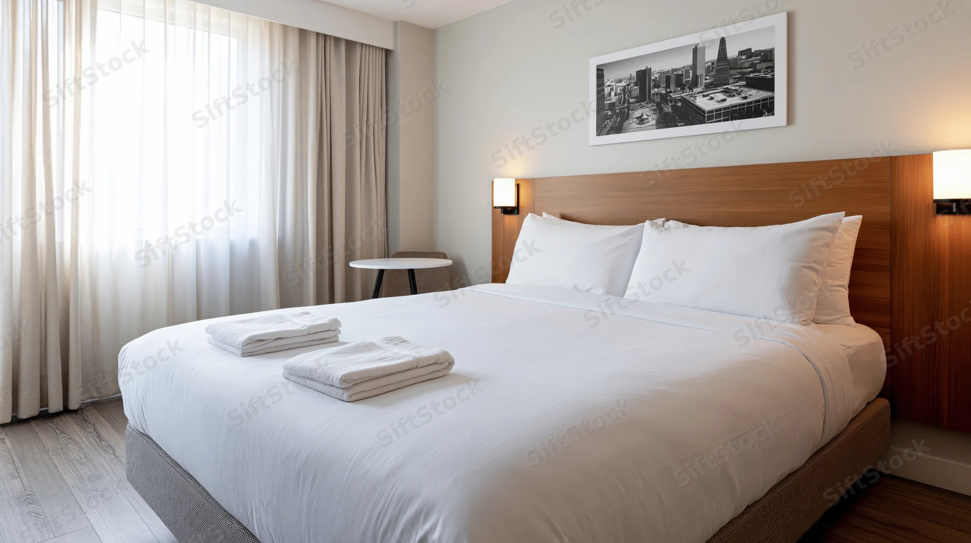 King-size bed with white linens and folded towels in a modern hotel bedroom