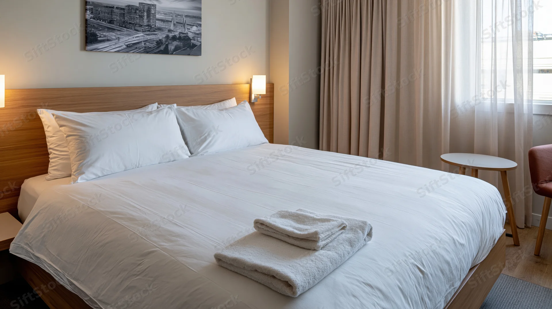 Neatly made king-size bed with white linens and folded towels in a modern hotel bedroom