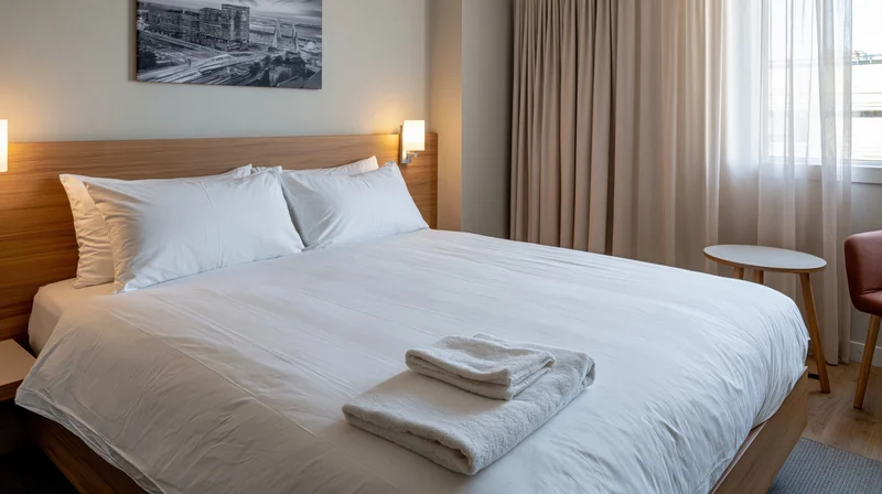 Neatly made king-size bed with white linens and folded towels in a modern hotel bedroom