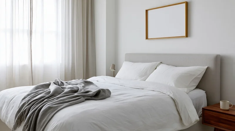 Modern minimalist bedroom with neatly made double bed and white bedding, featuring a wooden nightstand, framed artwork, and sheer curtains by a window