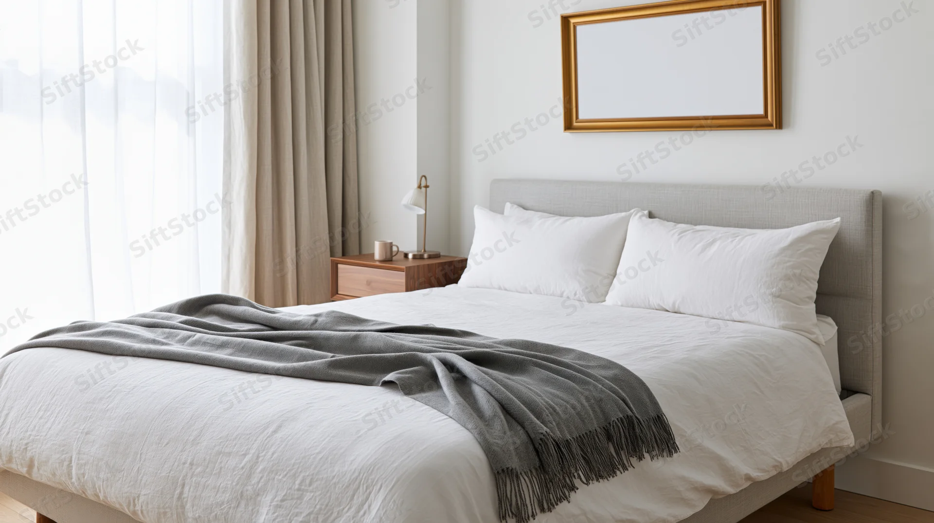 Modern minimalist bedroom with neatly made double bed and white bedding, featuring gray throw, wooden nightstand, and framed mockup above headboard