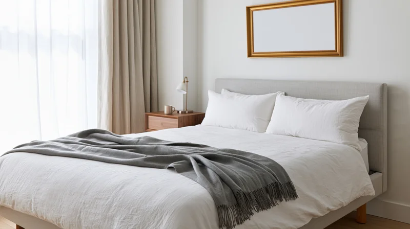 Modern minimalist bedroom with neatly made double bed and white bedding, featuring gray throw, wooden nightstand, and framed mockup above headboard