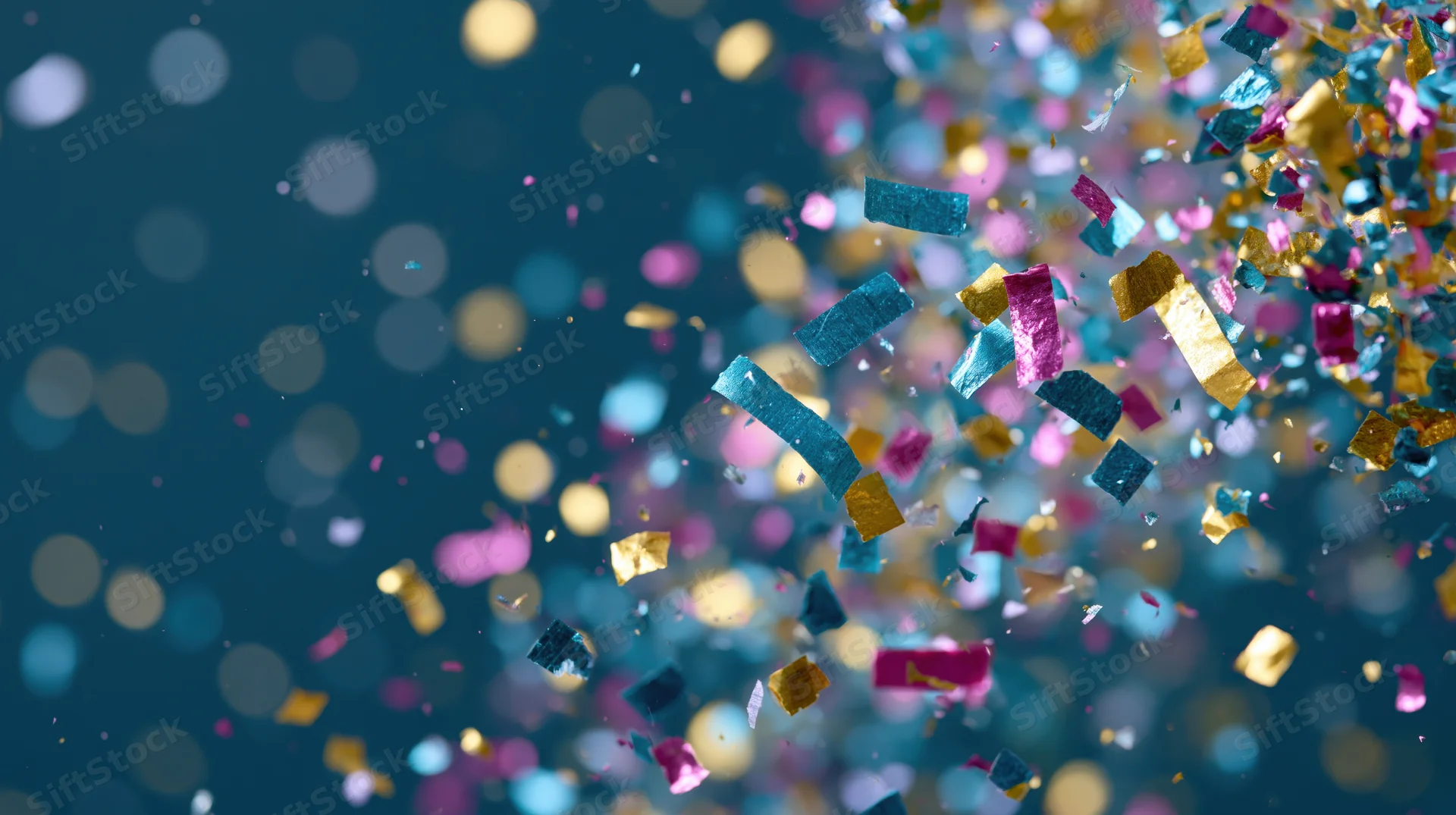 Multicolored metallic confetti and foil streamers falling against a dark blue bokeh background with copyspace on the left