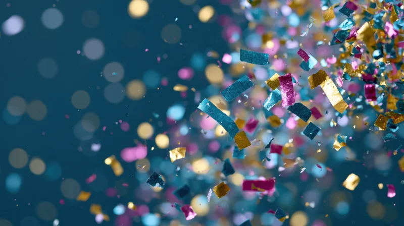 Multicolored metallic confetti and foil streamers falling against a dark blue bokeh background with copyspace on the left