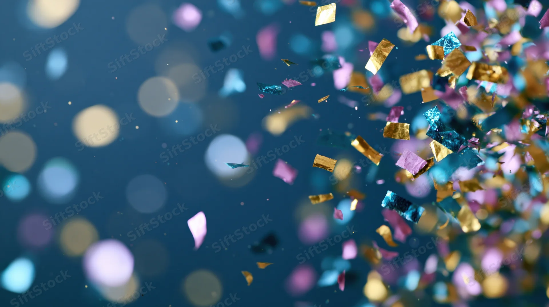 Multicolored metallic confetti and foil streamers falling against a blue bokeh background