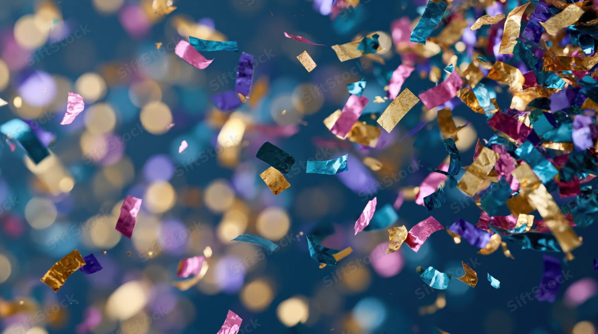 Multicolored metallic confetti and foil streamers falling against a blurred bokeh background