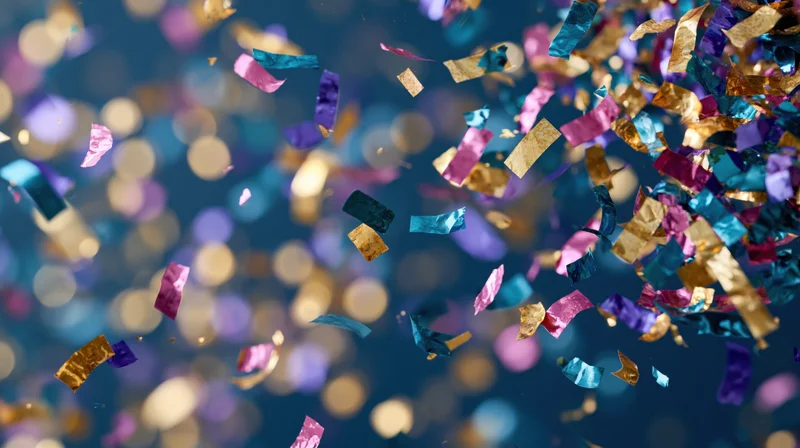 Multicolored metallic confetti and foil streamers falling against a blurred bokeh background