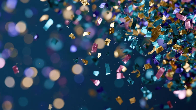 Metallic confetti and foil streamers falling against a dark blue bokeh background with copyspace on the left