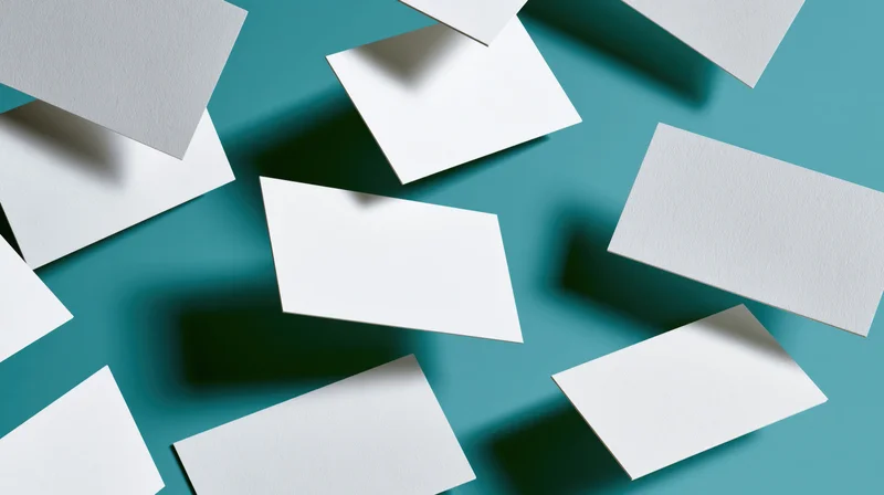 Blank white business cards tumbling and scattered on a teal background