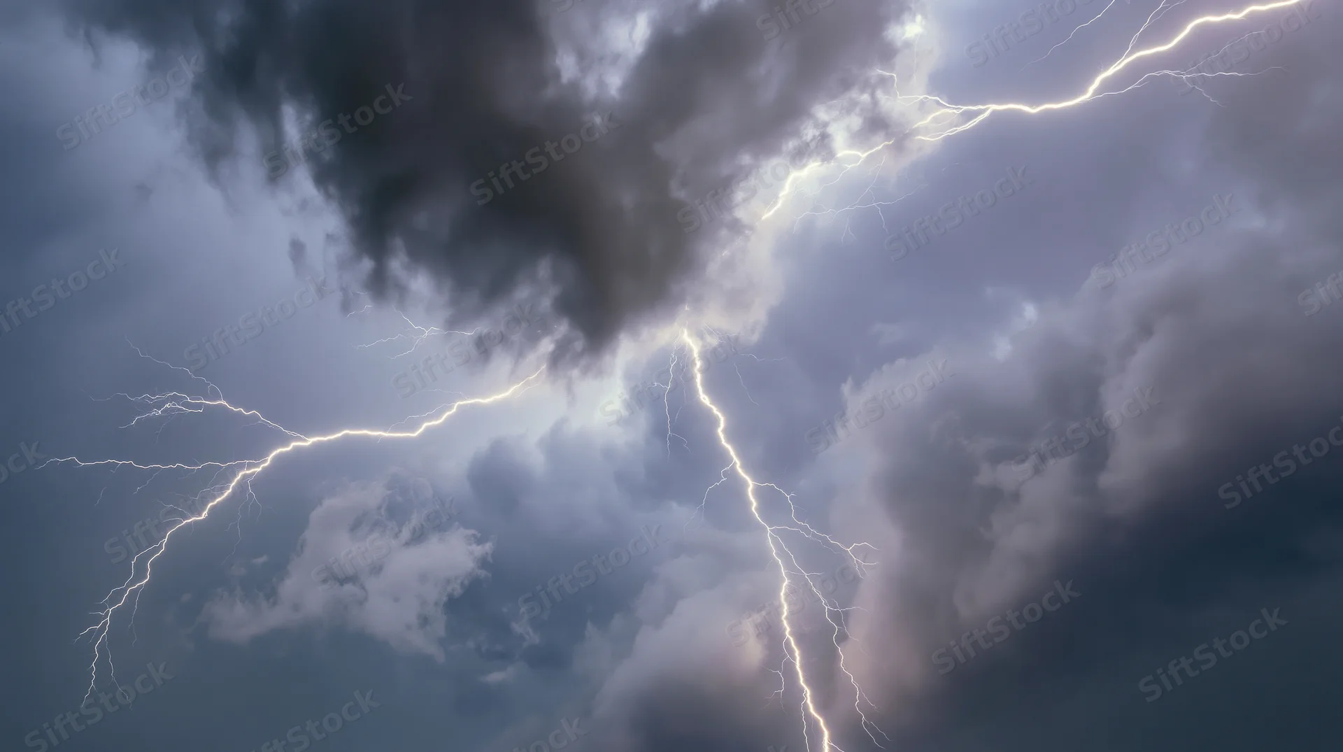 Lightning bolts branching across a turbulent storm sky