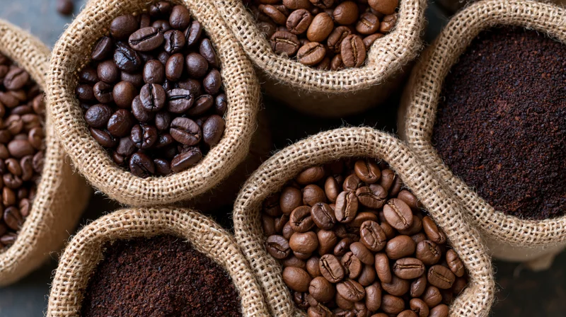 Roasted coffee beans and ground coffee in small burlap sacks arranged in a top-down view