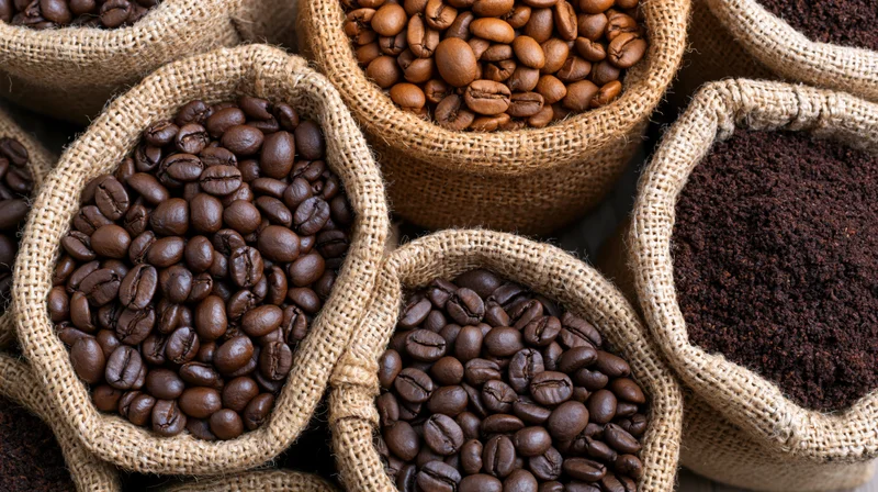 Roasted coffee beans in small burlap sacks arranged closely together