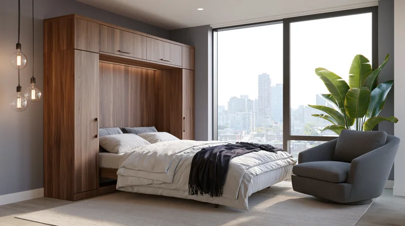 Murphy bed folded down in a modern urban studio apartment with city view through large window