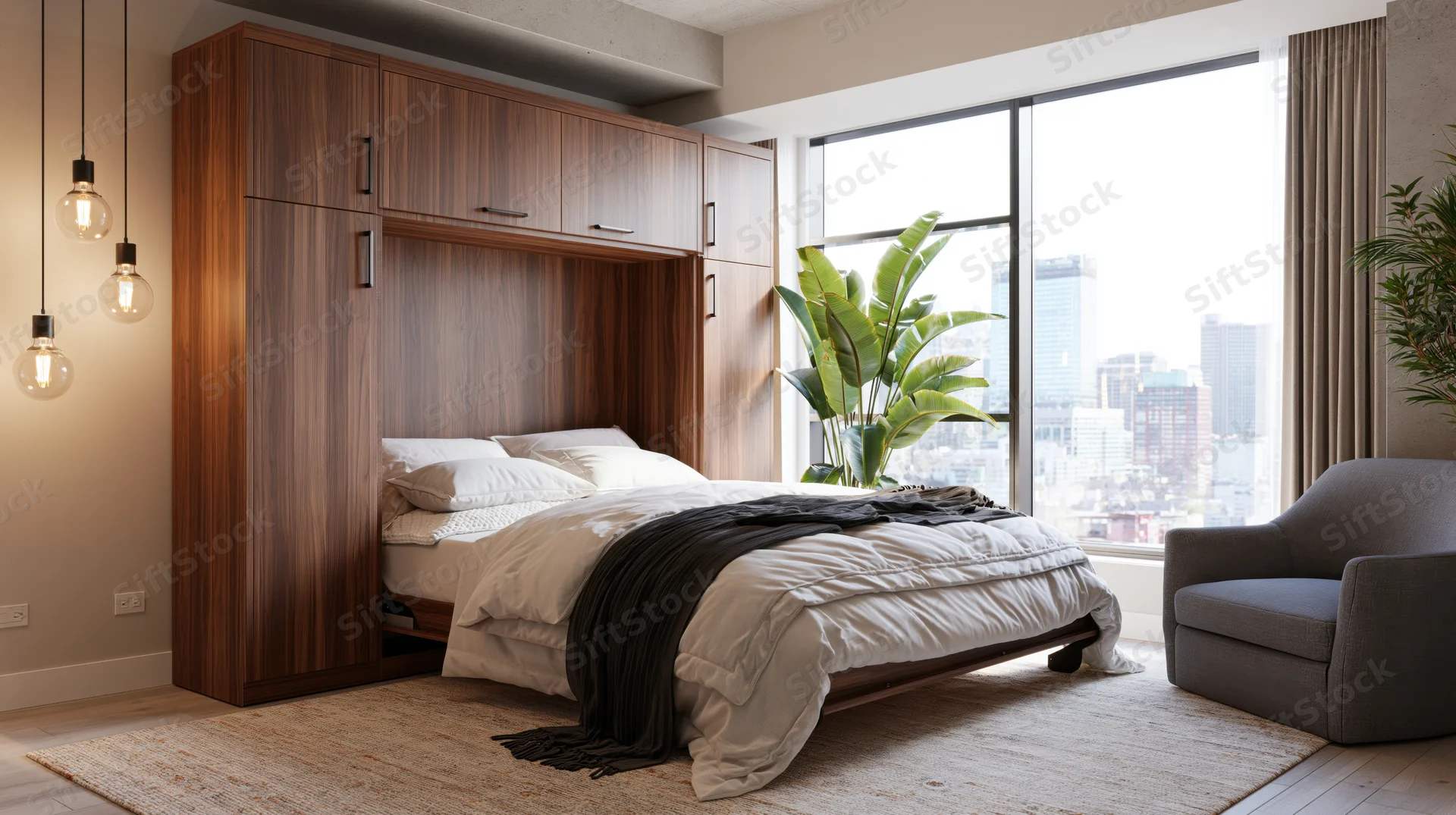 Murphy bed folded down in a modern studio apartment with city view