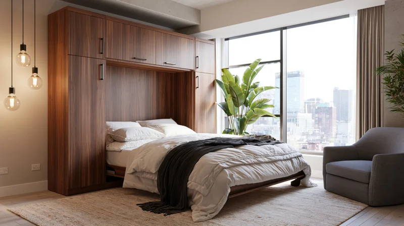 Murphy bed folded down in a modern studio apartment with city view