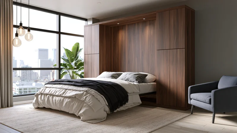 Murphy bed folded down in a modern urban studio apartment with city view through large window
