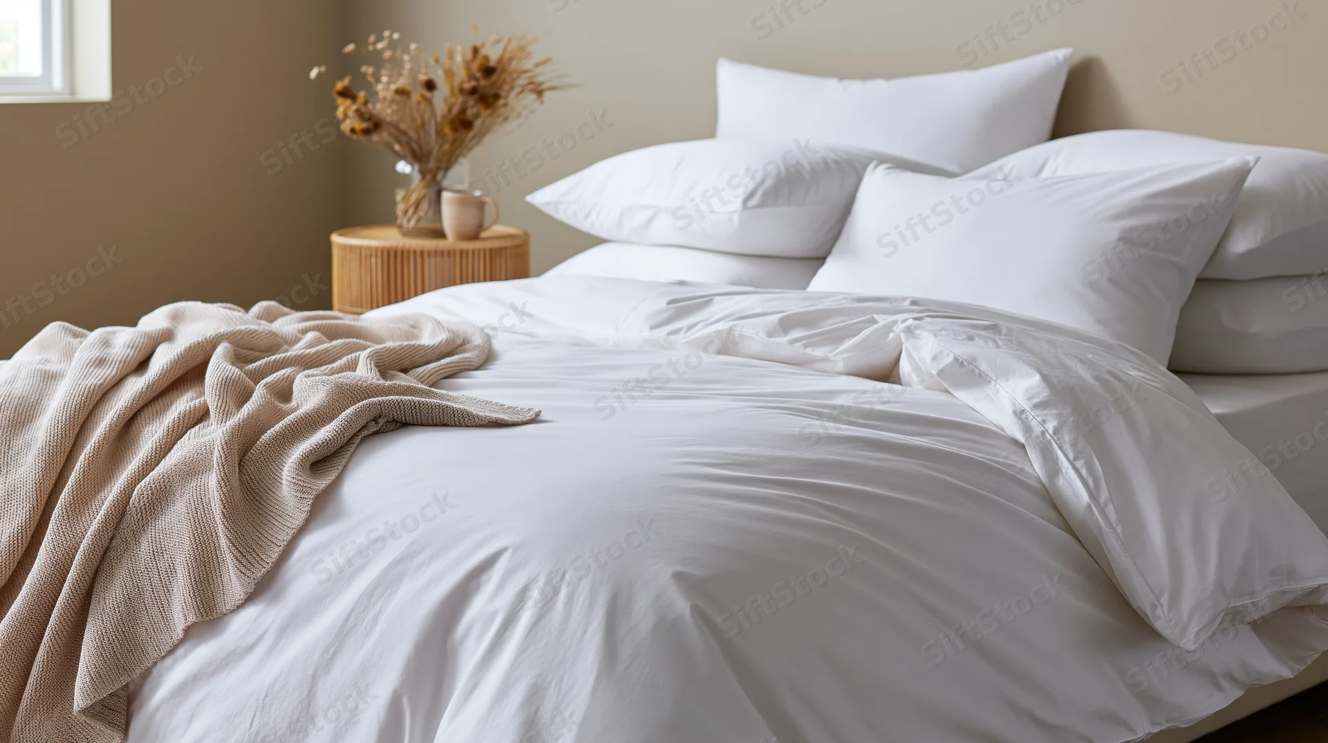 White bedding on a made bed with stacked pillows and a knit throw in a calm bedroom