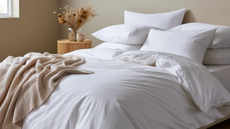 White bedding on a made bed with stacked pillows and a knit throw in a calm bedroom