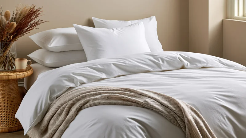 Neatly made bed with white cotton duvet and stacked pillows in a calm bedroom