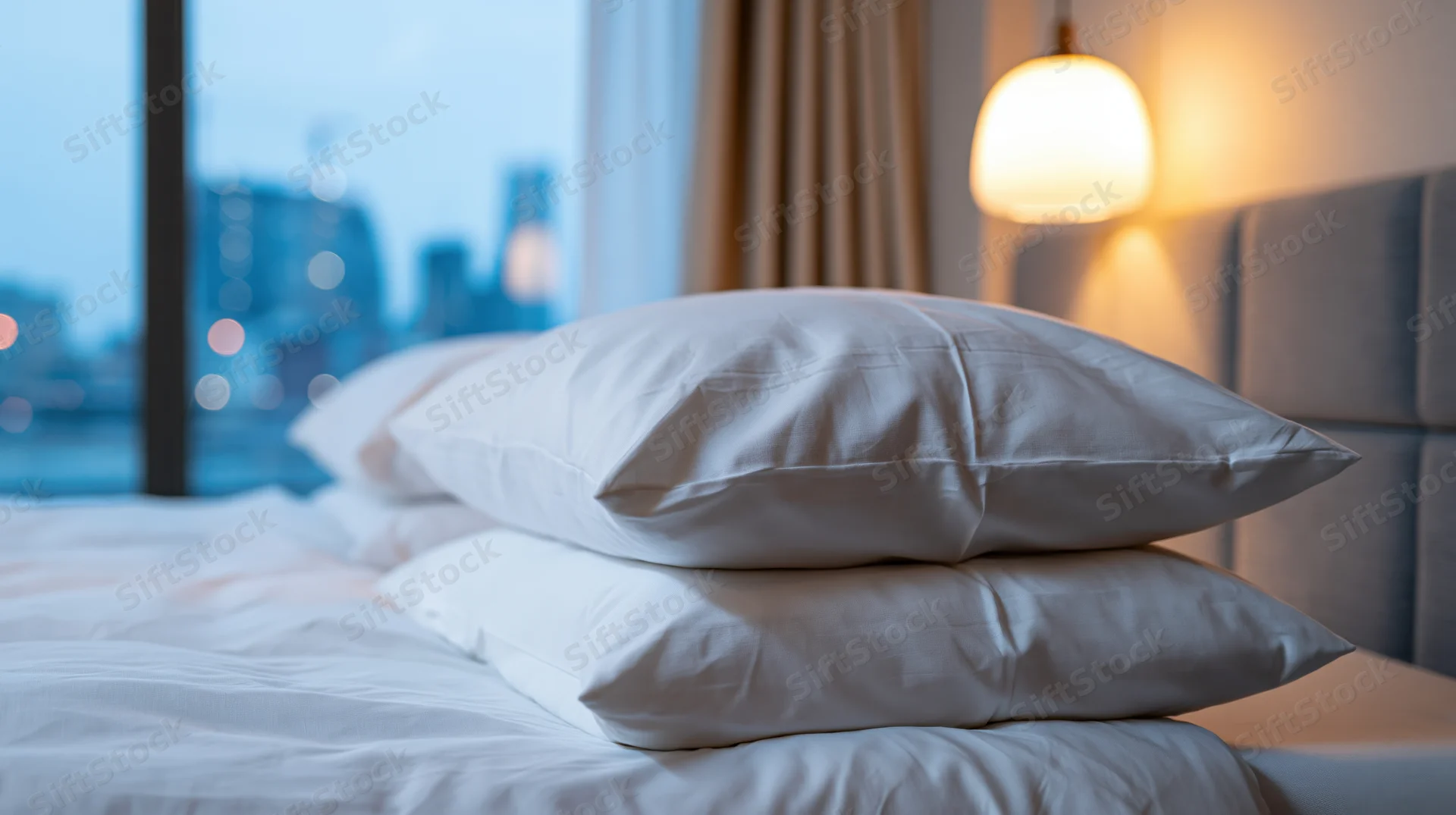 Neatly made hotel bed with white pillows and bedding by a window overlooking a city at night