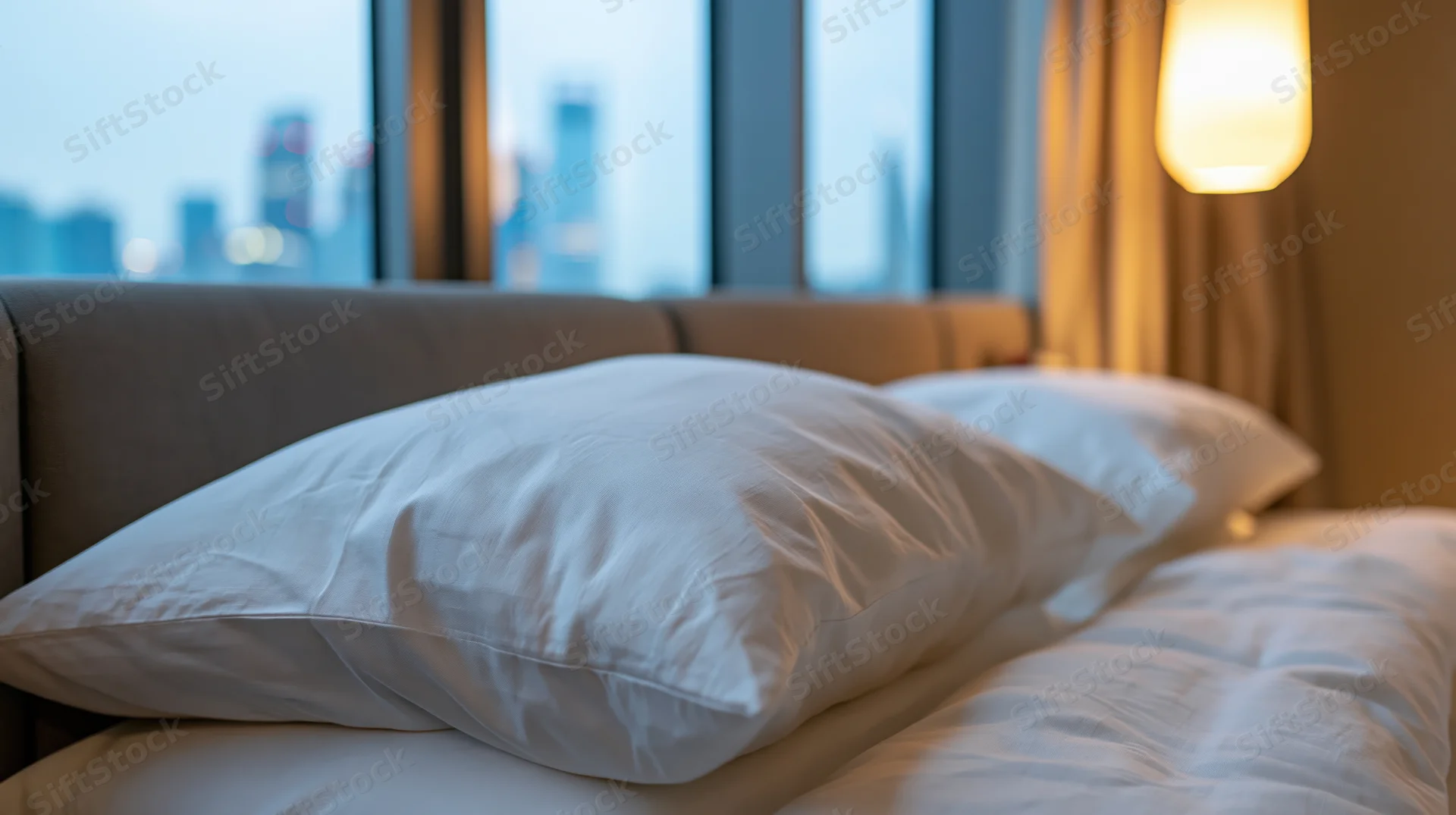 Neatly made hotel bed with white pillows and bedding by a window overlooking a city skyline at evening