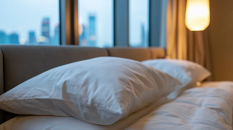 Neatly made hotel bed with white pillows and bedding by a window overlooking a city skyline at evening