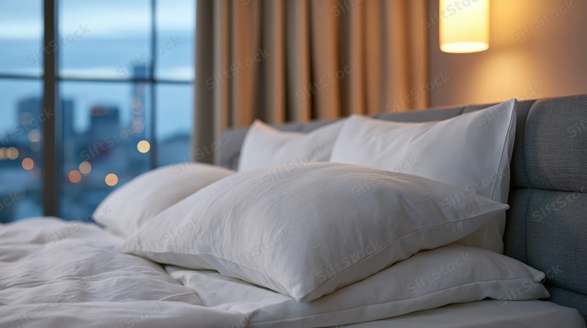 Neatly made hotel bed with white pillows and bedding by a window overlooking a city at twilight