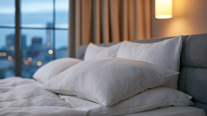 Neatly made hotel bed with white pillows and bedding by a window overlooking a city at twilight
