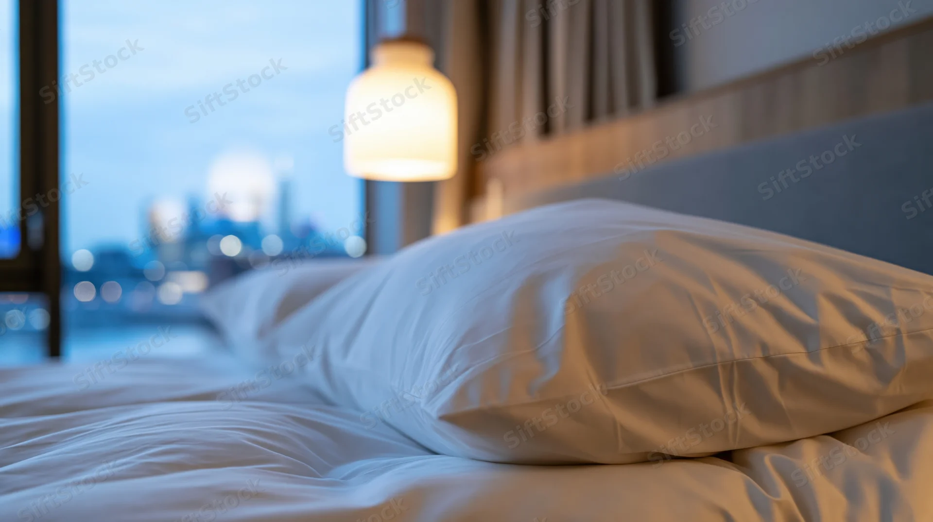 Neatly made hotel bed with white pillows and duvet by a window overlooking a city skyline at night