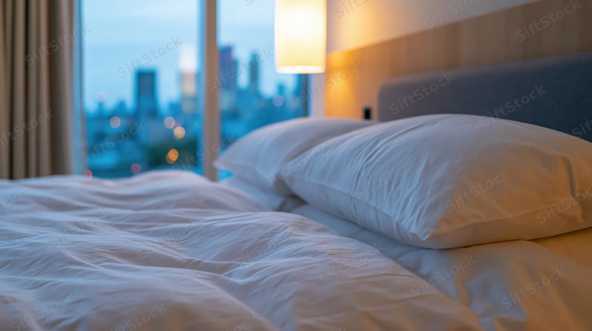Neatly made hotel bed with white pillows and duvet by a window overlooking a city skyline at twilight